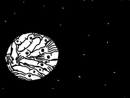 Cartoon by Mark Carnall of a moon made of cephalopods